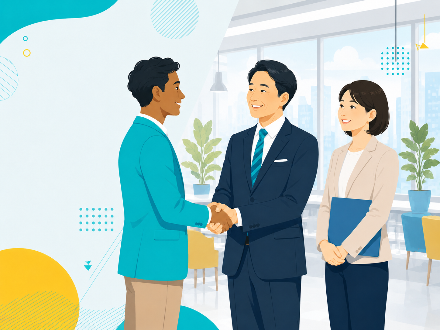 外国人材と日本人社員が握手を交わすイメージ