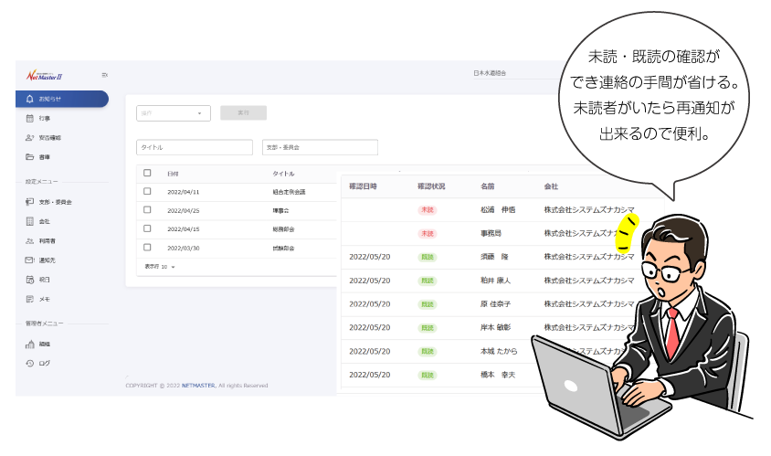 未読・既読の確認ができ連絡の手間が省ける。未読者がいたら再通知が出来るので便利。
