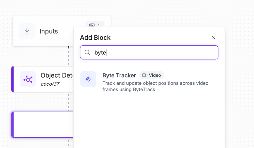 「Byte Tracker」ブロックを検索し、ワークフローに追加