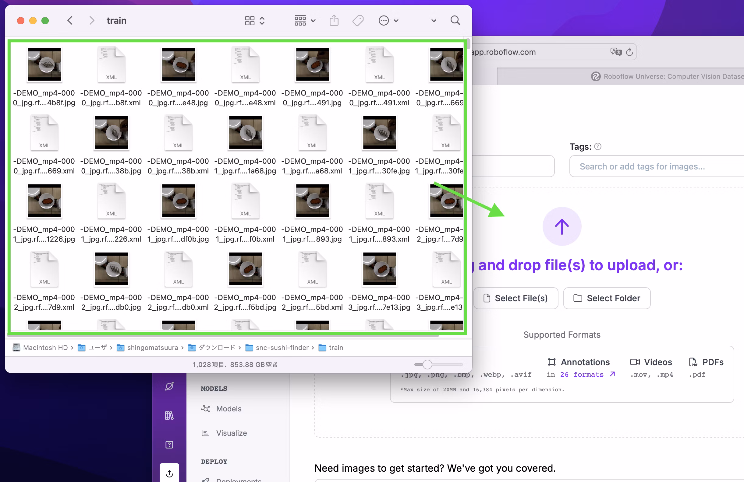 roboflow 画像データとXMLのデータを、ドラッグ＆ドロップでアップロード