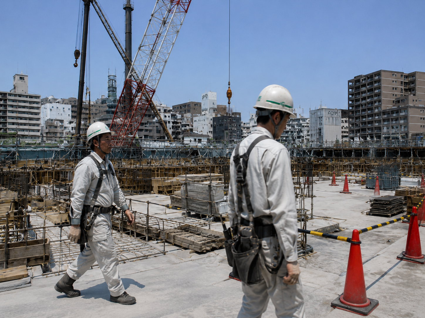 Monit-Oneが建設現場で人物とヘルメット、立入禁止区域を検知している様子