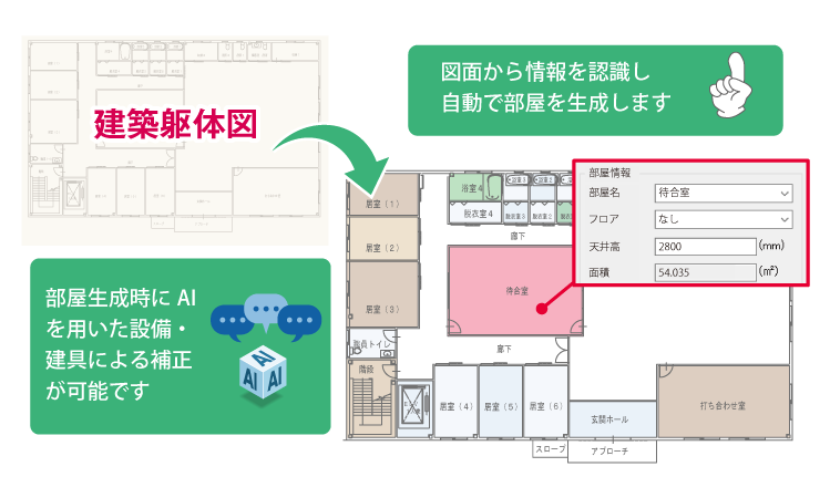 建築図からAIが情報を認識し部屋を自動で生成